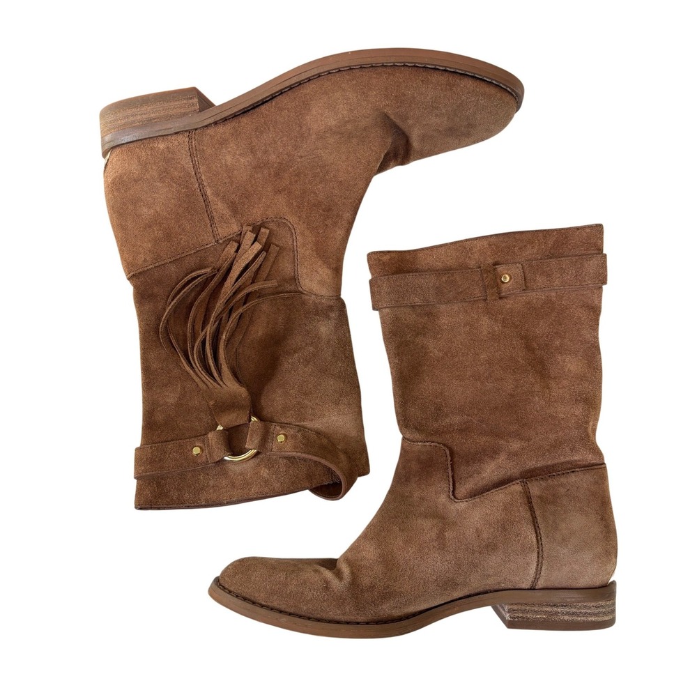 Michael Kors Rhea Boots Brown Suede Slouchy 8.5M Fringe Tassel Mid-Calf Low Heel